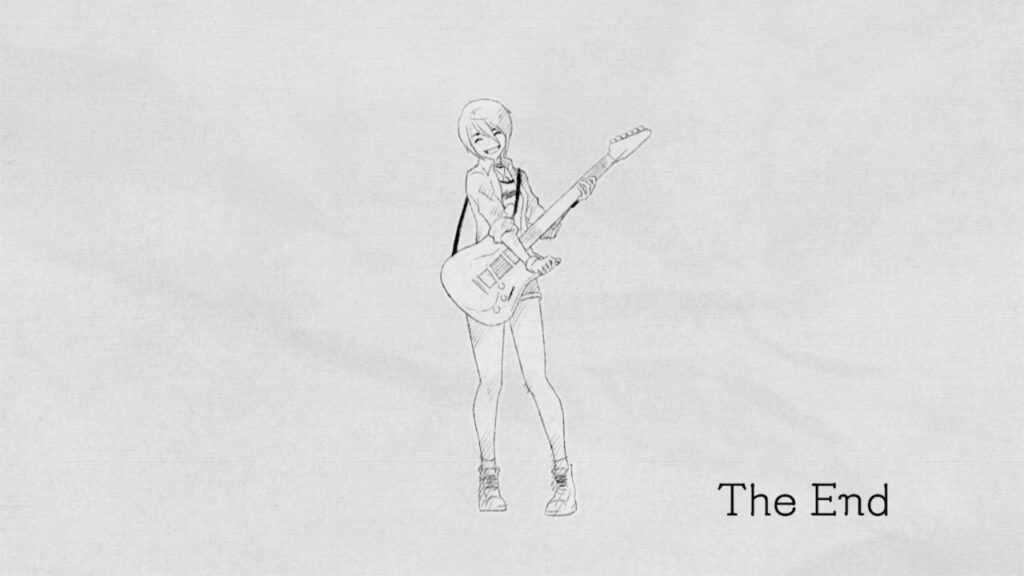illustrated sketch of girl strumming a guitar, with "The End" in the bottom right.